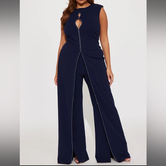Plus Size Rhinestone Navy Jumpsuit - Picture 1 of 4